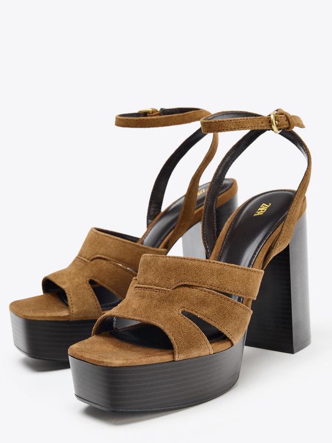 Zara Brown Suede Platform Block Heel Sandals With Ankle Strap. 9